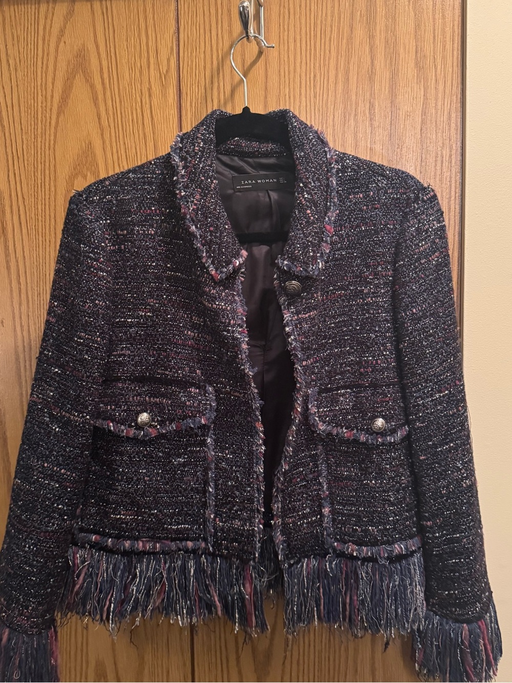 Zara Multicolor Navy Tweed Fringe Blazer